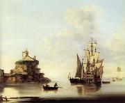 Francis Swaine An English two-deker and a Dutch barge at anchor off a coastal fort Spain oil painting artist
